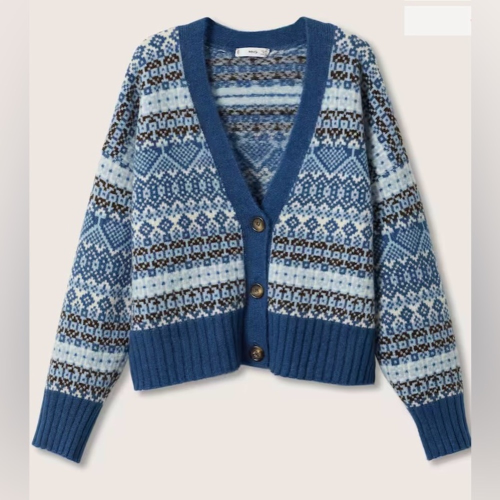 MANGO Button Fair Isle Cardigan NWOT Blue White